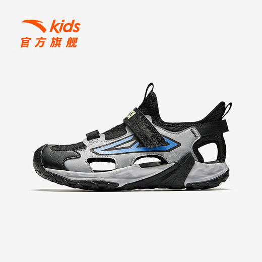ANTA Children's Sandals Men's Big Children's Shoes 2025 Summer New Breathable Velcro Shark Toe Outdoor Beach Shoes Black/Silver-1 33