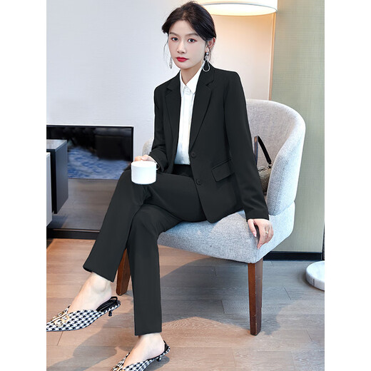 Small suit suit for women new style women's black formal temperament work clothes hotel manager work clothes suit black suit + pants 2XL about 115-124 Jin Jin equals 0.5 kg to wear