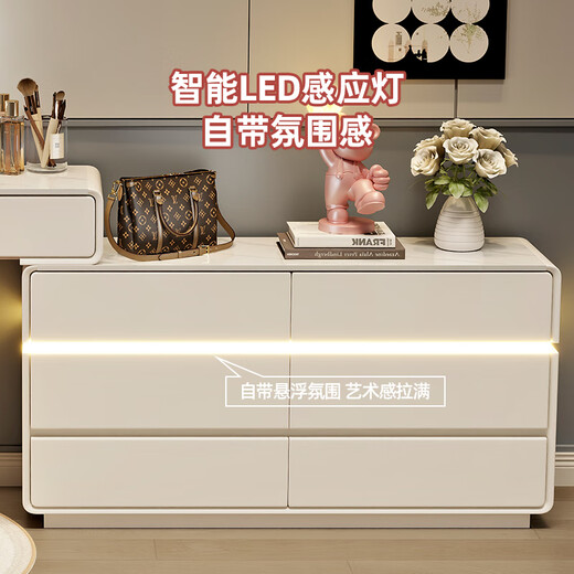 Yuke Dressing Table with Lights New Solid Wood Small Apartment Modern Simple Dressing Table Bedroom Drawer Cabinet Integrated Light Luxurious and High-Level 100cm White Walnut Surface + Six Drawer Cabinet + Round Mirror + Storage Pumpkin Stool