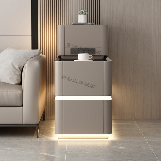 Ziyunshan sofa side table armrest cabinet with light and socket light luxury and high-end small apartment living room multi-functional side cabinet storage cabinet Khaki color (male steak plug+light strip+wireless charging) black glass width 40*height (55+30)*length 90