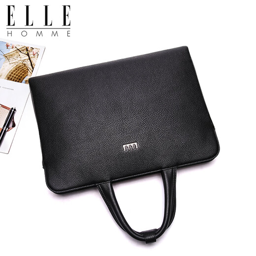 ELLE HOMME men's bag handbag horizontal style business briefcase first layer cowhide men's bag birthday Valentine's Day gift for boyfriend black EA788203310 medium bag 12 inches