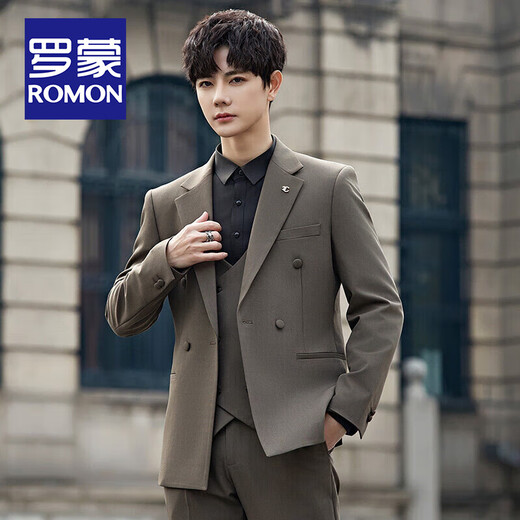 ROMON Groom's Suit Men's Suit Wedding Dress British Double-breasted Suit Korean Style Slim Business Casual Formal Wear Fashion Brown Suit+Trousers XL