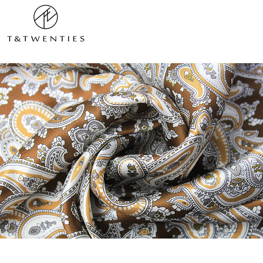 T&Twenties新款真丝男士缎面丝巾围脖冬季桑蚕丝脖子方巾复古腰果花蓝色灰色 真丝方巾 7029 浪漫.金棕佩斯利