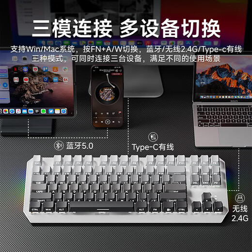 前行者TK870无线机械键盘鼠标套装蓝牙三模高颜值黑莓侧刻104键游戏电竞台式笔记本电脑办公有线通用外设 微尘侧刻-104键【无线蓝牙三模版】白光 青轴（清脆手感）