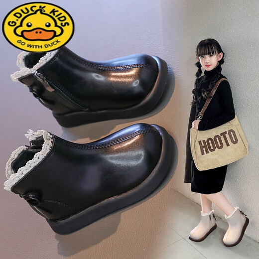 G.duck girls Martin cotton boots 2024 autumn and winter new children's lace soft-soled leather boots Korean style baby princess short boots off-white thin velvet size 23 shoe inner length 14.2