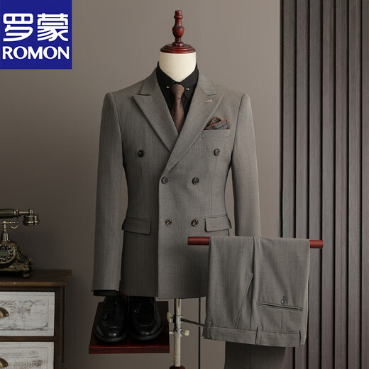 ROMON three-piece spring suit men's suit groom wedding dress slim business striped high-end British suit men's high-end blue suit + vest + trousers XL (suitable for 125-135 Jin Jin equals 0.5 kg)
