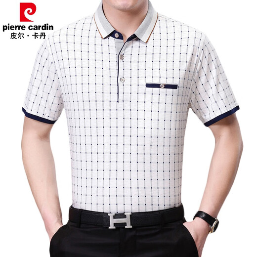 
Pierre cardin 2020 summer short-sleeved T-shirt for men middle-aged mercerized cotton casual lapel loose plaid t-shirt large size dad suit light yellow 6625 M 165