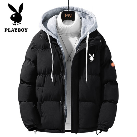Playboy Down Jacket Men's Winter New Thickened Bread Jacket Teenagers Loose Hooded White Duck Down Jacket S090 Black XL 120-130Jin Jin is equal to 0.5 kg