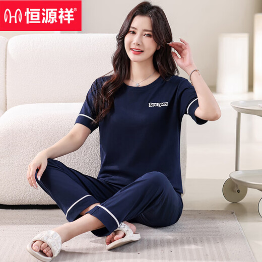 
Hengyuanxiang pajamas for women in summer cotton short-sleeved thin 2025 new summer casual and can wear trousers for outdoor clothing 7374 bean paste powder M 80-100Jin [Jin equals 0.5 kg]