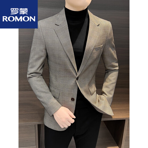 罗蒙（ROMON）休闲小西装外套男士春秋季2025新款上衣痞帅感千鸟格西服男款新品 卡其色 M 建议115斤以内