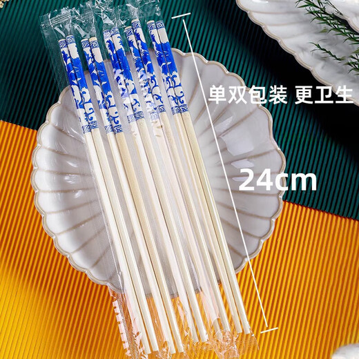 Jingdie blue and white porcelain printed bamboo chopsticks for home use, hotel and catering, disposable chopsticks, individually packaged, no paint, no wax, natural bamboo chopsticks, blue and white porcelain printed bamboo chopsticks - 100 pairs, 6.0mm*24cm (individually packaged)