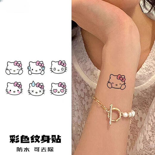 FKSASUHelloKitty Painted Tattoo Stickers Waterproof Women's Long-lasting Katie Cat Stickers Ins Cute Small Pattern W693 Pink Bow Cat-5 Pictures