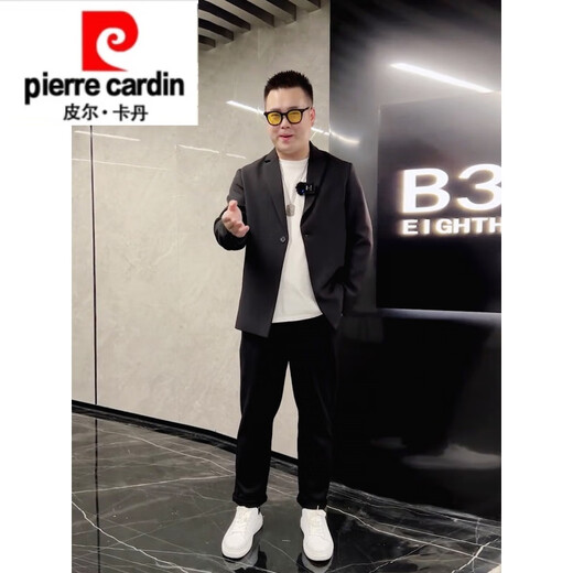 Pierre Cardin spring and autumn slimming outfit for slightly fat boys with light and sophisticated style small blazer for fat men, large size casual woolen suit, black suit + white T-shirt + black trousers M recommended 95-120 Jin Jin equals 0.5 kg