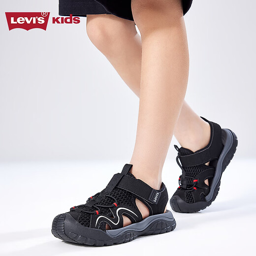 Levi's Levi's children's shoes, boys' toe-cap anti-collision sandals, summer new hollow Velcro children's sports sandals, dark denim blue 35, recommended foot length 22cm