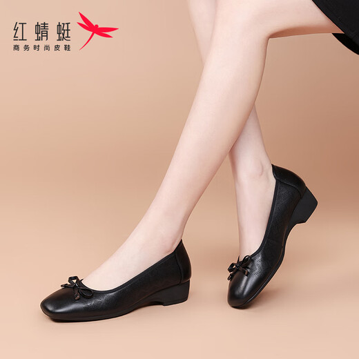 Red Dragonfly single shoes women's shallow mouth women's shoes wedge heel commuting slip-on shoes women's heightening and slimming leather shoes WTB152311 black 37