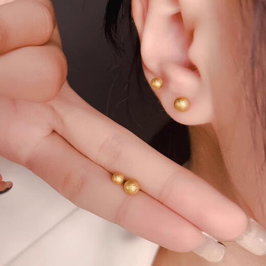 OFK Old Phoenix 999 Gold Ear Hole Hypoallergenic Earrings Small Gold Peas Mini Gold Beads Small Ears Sparkling Gold Frosted Old Phoenix Gold Store Style 3mm (Mini)