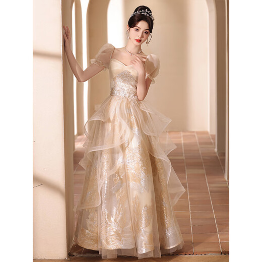 Zhufan student adult dress 18-year-old female adult dress evening girl 2025 new banquet temperament host sense champagne color S