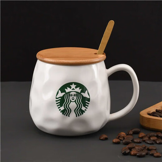 Starbucks (Starbucks) cup limited edition simple European water cup mug household ceramic cup small gift Starbucks style coffee cup breakfast p style (cup + spoon + bamboo lid) 450ml