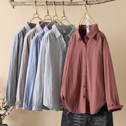 HIPPATIA100%纯棉衬衫狐狸刺绣条纹女双层长袖宽松春秋文艺小清新打底衬衣 浅灰色 w6623 M