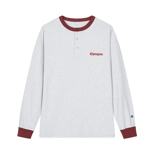 Champion champion long-sleeved T-shirt men's 2025 spring new color-blocked Henry collar bottoming shirt pure cotton top women's twist gray L