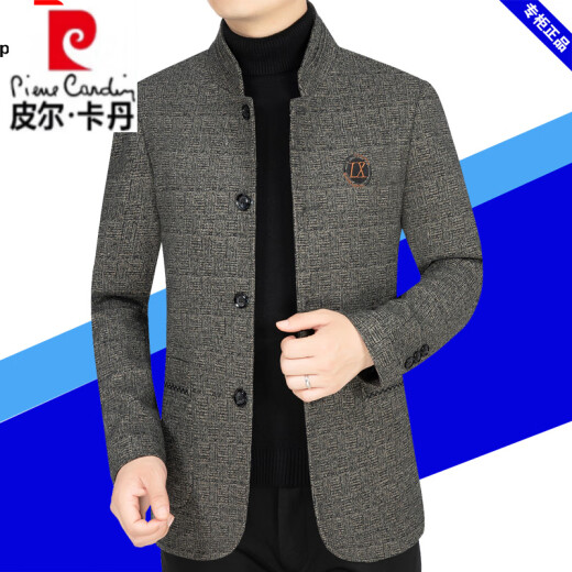 皮尔卡丹（pierre cardin）羊毛呢大衣外套男士中年春秋宽松休闲立领呢子爸爸装夹克 咖色83621 XL 180 适合135--155斤