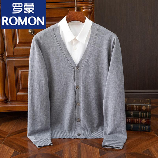ROMON spring and autumn new style wool cardigan for men solid color knitted jacket loose V-neck sweater casual business top for men light gray without shirt 3XL 190-210Jin Jin equals 0.5 kg