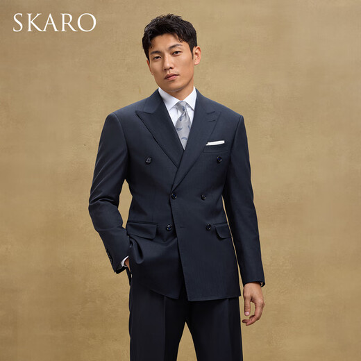SKARO Handmade Milan Eye & Anti-Wrinkle Double Breasted Suit Men's Business Wedding Suit 2025 Silver Stripe SKG1651A Size 48 Top Please note the size of the trousers