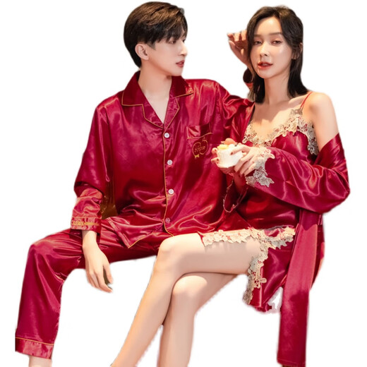 Modal 2 set price imitation silk couple nightgown for men and women spring and autumn suit shorts women's hanging skirt two-piece ice silk embroidered bathrobe 0511 black men's suit women's embroidered nightgown XL male + female L