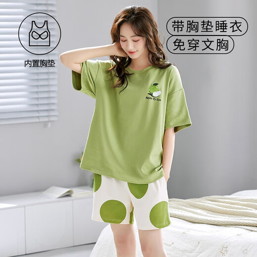 猫人带胸垫睡衣女款短袖短裤夏季棉薄款免文胸一体广东揭阳家居服 带胸垫短套 g1047 2XL 女(122-135斤)