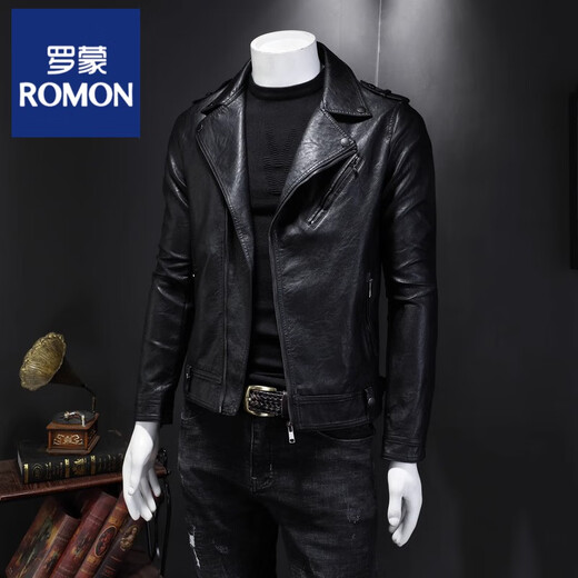 Luo Meng Leather Jacket Men's Diagonal Zipper Trend 2025 Spring and Autumn Handsome Soft Leather Lapel Motorcycle Slim Jacket Black XL