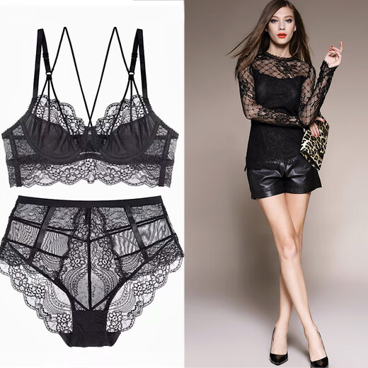 Victoria Palace large size underwear, beautiful back, big breasts and small underwear, ultra-thin sexy lace push-up, comfortable, breathable and sexy bra set, black 90C (with XXL size underwear)