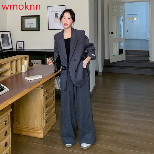WMOKNN blazer women's 2025 spring new Korean style high-end commuting casual loose double-breasted suit suit for women gray M (recommended 105-120 Jin Jin equals 0.5 kg)