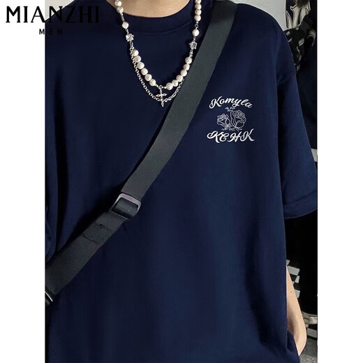 Cotton heavyweight pure cotton round neck short-sleeved T-shirt for women in summer loose printed five-point half-sleeved thin casual top base shirt B11979 navy blue [high quality 18.5] M 80-100Jin [Jin equals 0.5 kg]