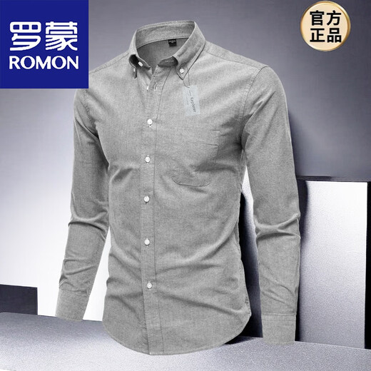 ROMON 2026 Spring and Autumn New Oxford Spun Cotton Long-Sleeved Men's Shirt Casual Thin Jacket Slim American Top Gray S Weight 100-115Jin Jin is equal to 0.5 kg