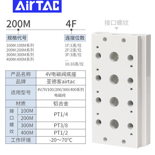 AirTac 4V/5V series solenoid valve base manifold 100M200M300M400 4V200M-3F