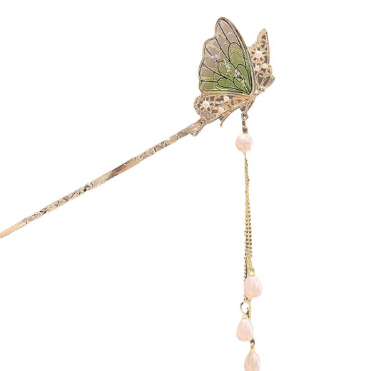 Early period (ZAOJI) butterfly tassel hairpin female style simple modern new Chinese style hairpin ancient style walking hairpin Hanfu headdress green butterfly hairpin 1 piece set