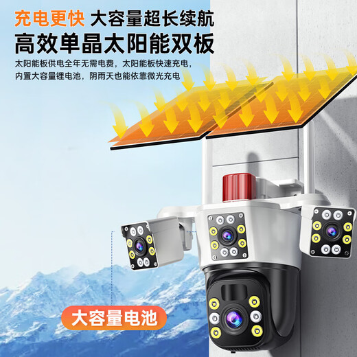 海威曼5g太阳能监控摄像头双板三画面三旋转免流量无电无网超高清360度无死角带夜视全景全彩户外防水 【5g终身免流量】双太阳能板+三画面+64G