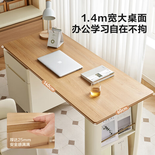 Quanyou Home Log Furniture Desk with Drawer Home Study Office Storage Table Bedroom Makeup Table and Chair Combination Log Color + Milk White | Reverse Desk