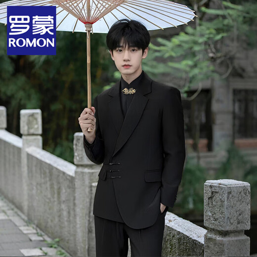 ROMON high-end new Chinese-style Zhongshan suit for men engaged, groom, wedding, Chinese style suit, Tang suit jacket for men, black suit + pants + gold button embroidered shirt XL