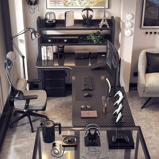 Quanye L-shaped computer desk corner computer desk e-sports table corner desktop home bookshelf e-sports table corner table thickened steel frame-right style 140*120CM