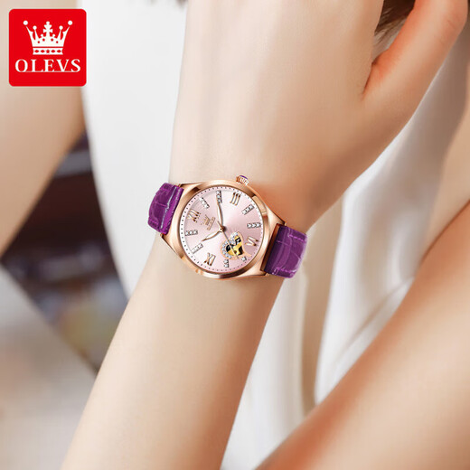 
OLEVS Swiss certified brand watch women's fully automatic mechanical watch fashion temperament women's watch hollow women's watch gift OLEVS-6636-Purple skin powder