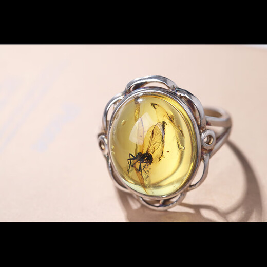 Yue'er collection-grade natural amber beeswax amber ring gold amber protozoa amber men's and women's insect amber complete and clear 3.52g insect amber ring