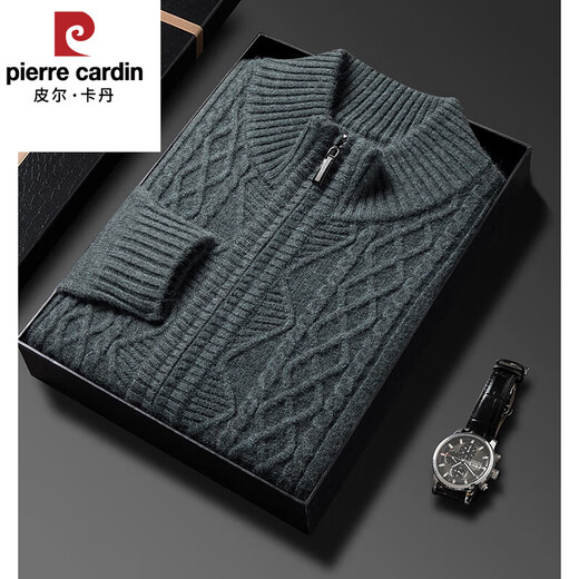 皮尔卡丹（pierre cardin）高档冬季新款男士100%羊毛开衫立领拉链针织衫毛衣休闲纯色外套 花茄9975 2XL 180160-175斤