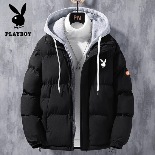 Playboy Down Jacket Men's Winter New Thickened Bread Jacket Teenagers Loose Hooded White Duck Down Jacket S090 Black XL 120-130Jin Jin is equal to 0.5 kg
