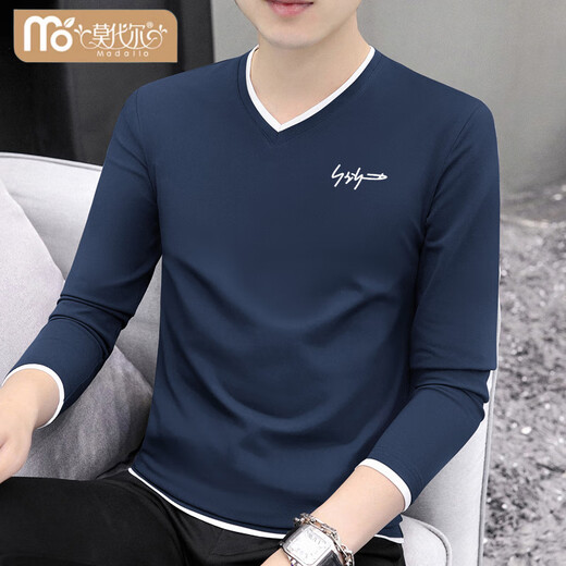 Modal Men's Long Sleeve T-Shirt 2025 New Autumn Season Contrast Color V-Neck Top Slim Fit Sweetheart Neck Bottoming T-shirt White XL 130-145Jin Jin is equal to 0.5 kg