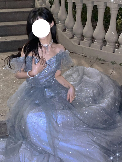 Weixuan High School Student Adult Dress Female Graduation Party Blue Ceremony Student Host Fairy Light Luxurious Niche Princess Dress Blue S One Size