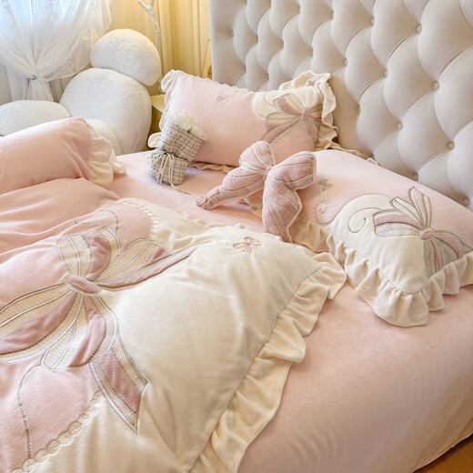 Tao Crystal Light Luxury Class A Thickened Milk Velvet Appliqué Embroidered Four-piece Baby Velvet Bedsheet Quilt Cover Princess Girl Warm Bedding Bow-Pink Class A 9Jin Jin is equal to 0.5kg. Free pillows on both sides. 1.8m bed sheet. Quilt cover 200*230