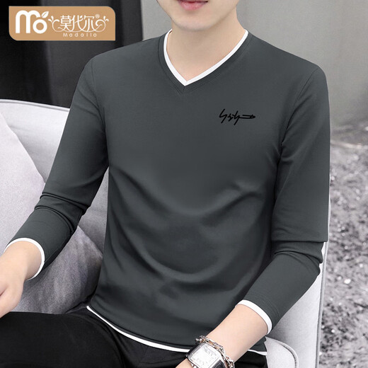 Modal Men's Long Sleeve T-Shirt 2025 New Autumn Season Contrast Color V-Neck Top Slim Fit Sweetheart Neck Bottoming T-shirt White XL 130-145Jin Jin is equal to 0.5 kg