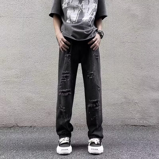 Ripped jeans men's spring and summer new trend American high street slim Korean version ins straight casual pants Blue Haochao 9903 M