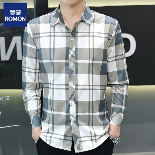 ROMON Spring and Autumn New Ice Silk Long Sleeve Shirt Men's Plaid Casual Shirt Top Thin Sunscreen Jacket Trendy Lining Gray [Long Sleeve] 719 M 90-104Jin [Jin equals 0.5 kg]